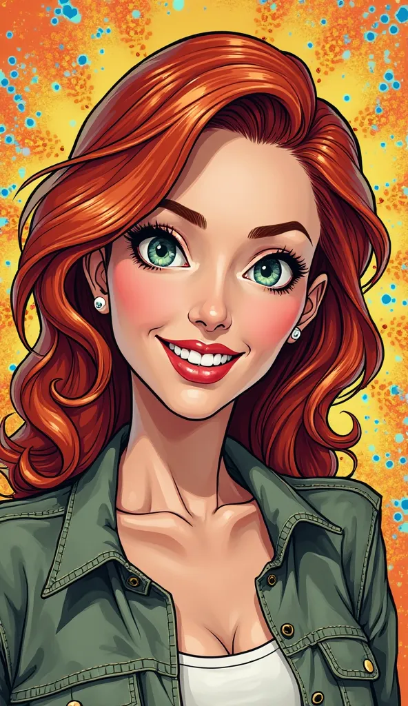 DISCREET image. with discreet casual clothes. image adult woman, american, comic book style.smile. IMAGES WITH VIBRANT COLORS. just focus on face. colorful background. red hair 