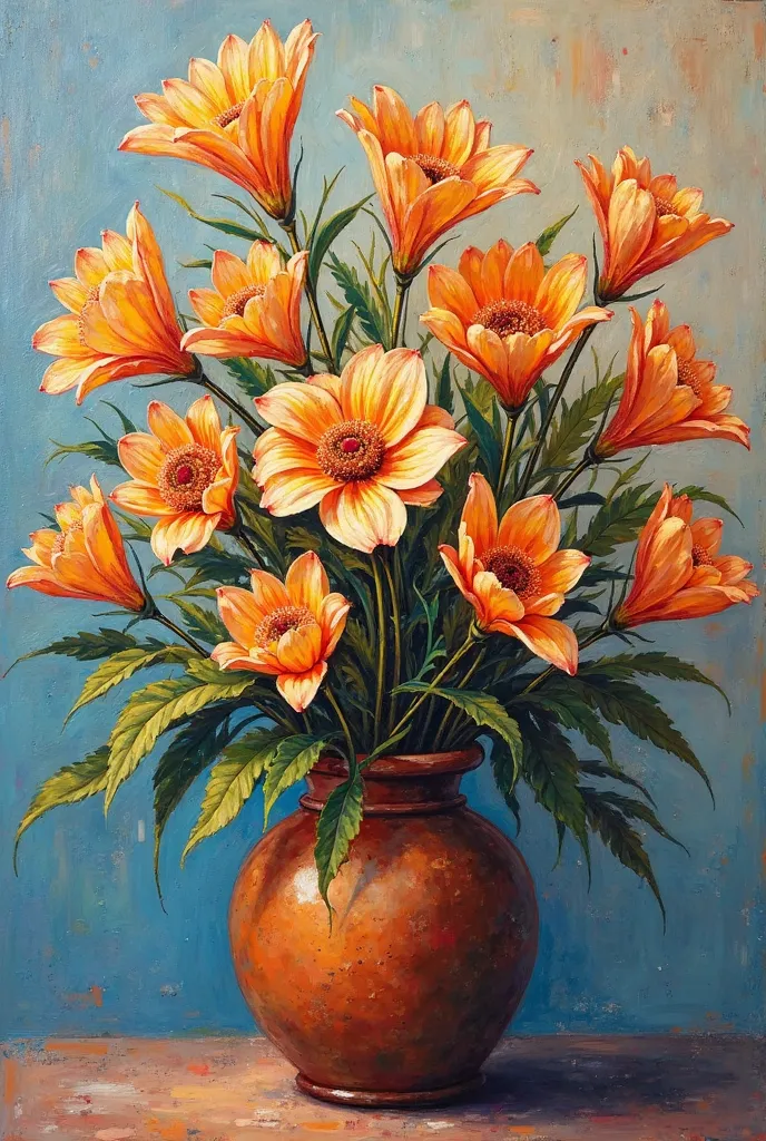 Generate an oil and abstract paint of a pot with too many tall flowers and that is in the style of the painter Ivan Seal, But make the painting pure paint like that in the old style,  and let the size be 1:1