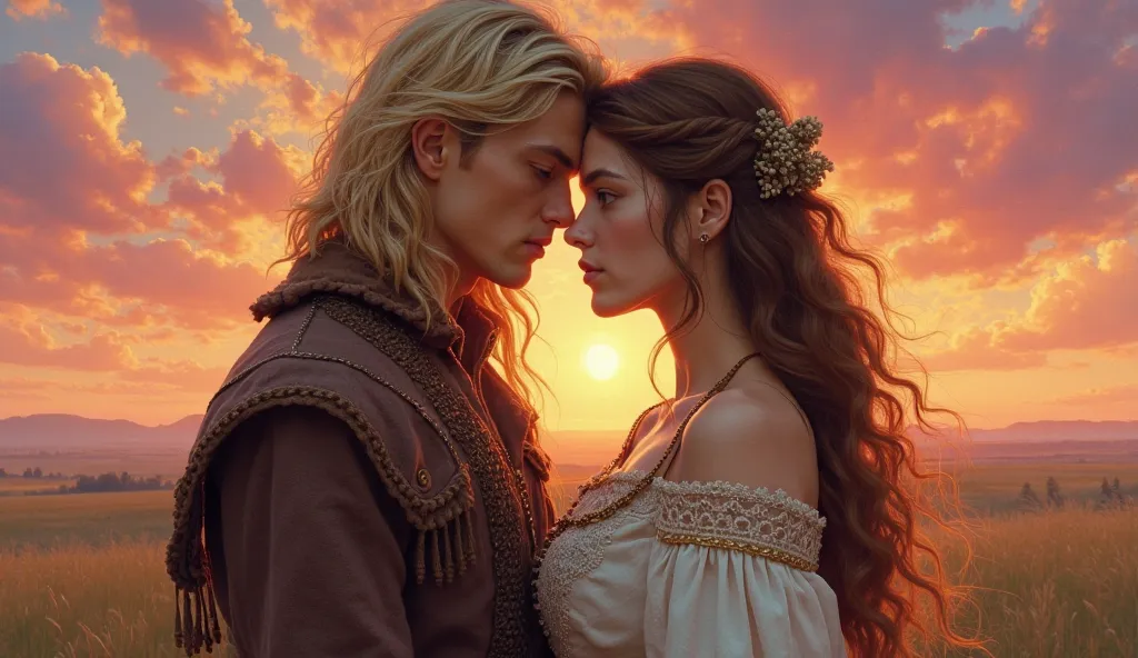 A fair-skinned man with blonde hair and a brown-haired girl stand side by side against the backdrop of a sunset sky—a masterpiece. A pair of lovers dressed in fantasy-inspired hunting attire.
 