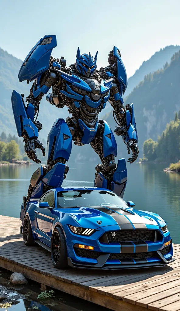 A sleek blue Ford Mustang with black racing stripes, mid-transformation into a powerful futuristic robot in the style of Transformers. The car's body panels shift dynamically, revealing intricate mechanical components beneath. The front grille and headligh...