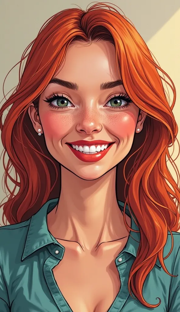 DISCREET image. with discreet casual clothes. image adult woman, american, comic book style.smile. IMAGES WITH VIBRANT COLORS. just focus on face. red hair 