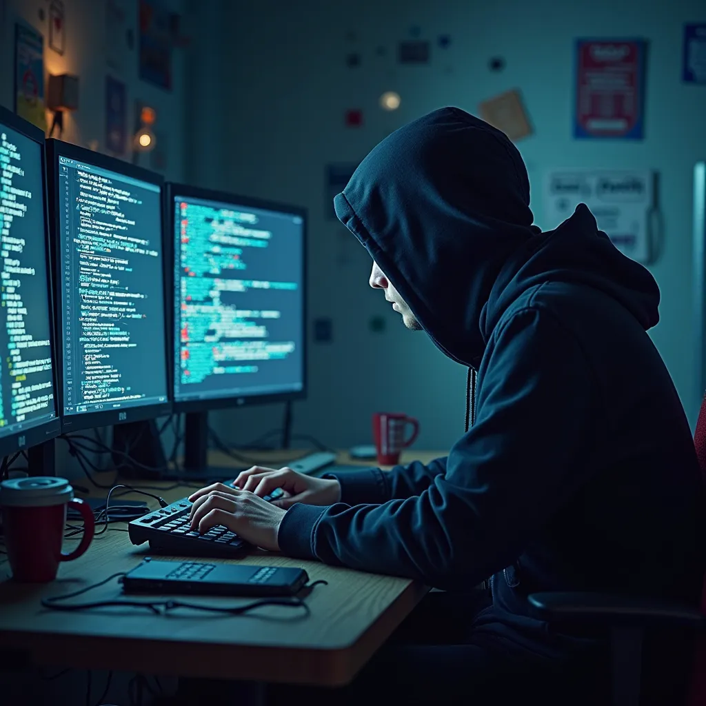 Here’s a detailed prompt based on your request:

"A highly detailed 3D-style scene of a hacker sitting at a desk, intently focused on multiple computer screens. The hacker is dressed in a dark hoodie, with their face partially obscured by shadows, and fing...