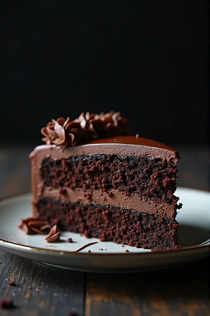 cinematic film still chocolate, chocolate cake, dark background, quality photo, moist texture, frosting, studio photo, slice . shallow depth of field, vignette, highly detailed, high budget, bokeh, cinemascope, moody, epic, gorgeous, film grain, grainy