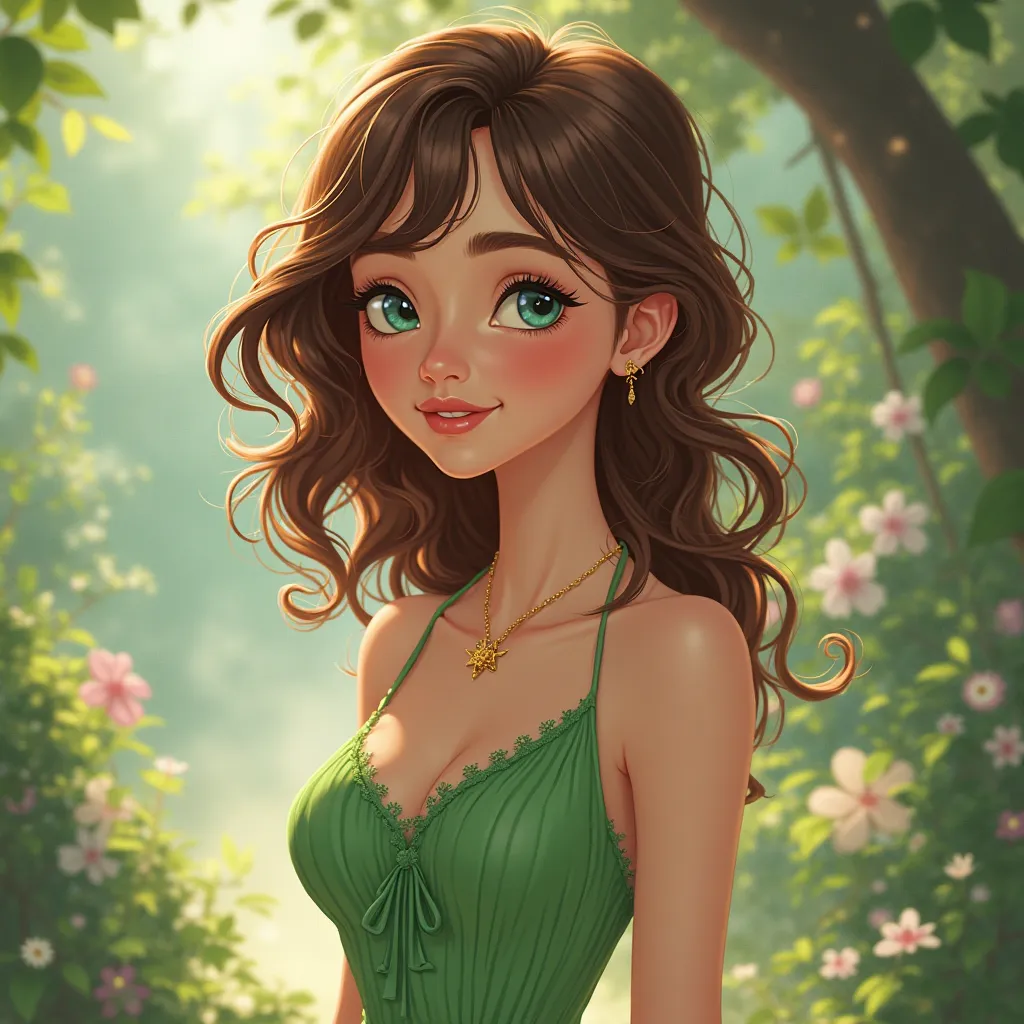 Woman with curly brown hair with bangs coming down slightly covering her eyes, beautiful blue eyes, pale skin, She is wearing a beautiful green sundress. Try a more old school 2D Disney style.