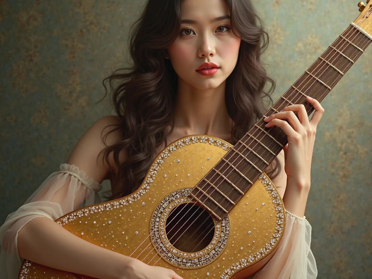 a beautiful woman, holding a gold guitar with diamonds 