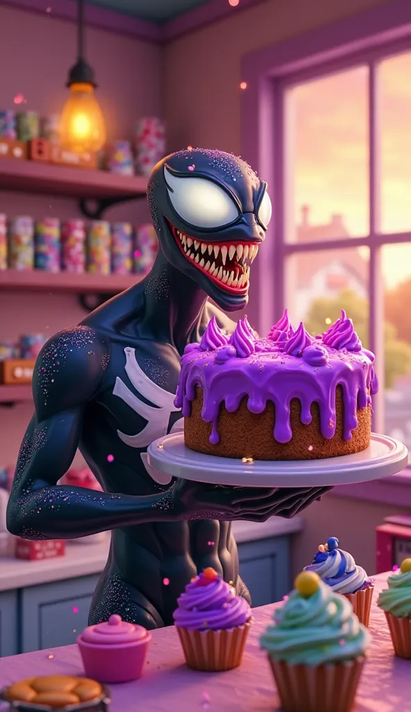 "Create an image in the visual style characteristic of Fortnite,  with a vibrant aesthetic , colorful and slightly cartoonish. The scene features Venom in a stylized bakery, standing in front of the counter while holding an enormous cake with neon purple i...