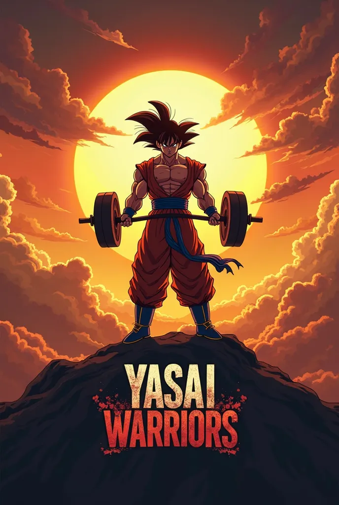 I want a logo with the words Yasai Warriors, with the silhouette of Goku doing weights, And a sunset sun in the background