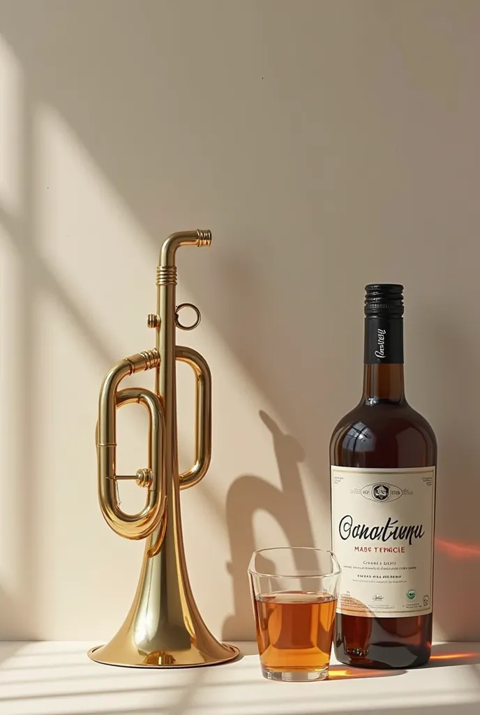 A bugle, a Stanley glass and a bottle of Caroreña.