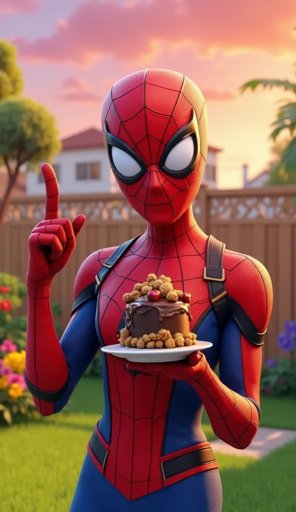 "Create an image in the visual style characteristic of Fortnite,  with a vibrant aesthetic , colorful and slightly cartoonish. The scene features Spider-Man holding a small chocolate cake in one hand, decorated with shiny syrup and exaggerated gold details...