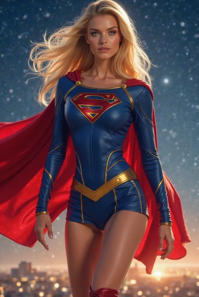 A powerful heroine inspired by Supergirl, with a modern and sensual outfit. She wears a tight blue top with gold details and a flowing red cape. Her short skirt reveals her shapely legs, and she wears high-top boots matching the outfit. Her blond hair shin...