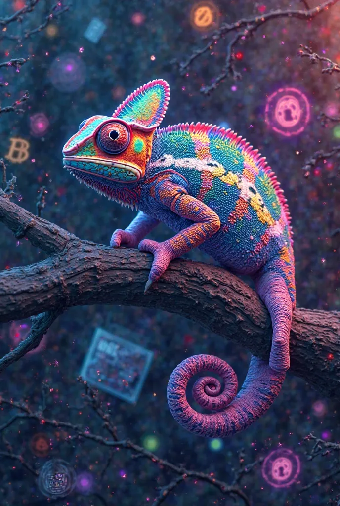 Chameleon surrounded by cryptocurrency