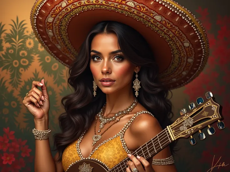 A beautiful woman wearing a Mexican hat and holding a gold guitar with diamonds 