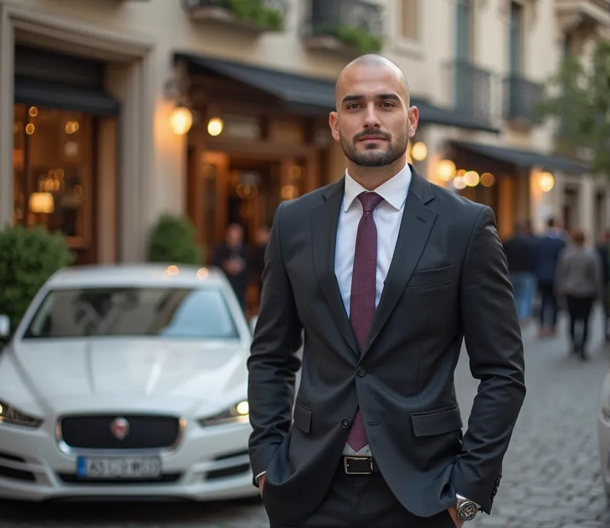  Professional photo of a young man,22 years old,athletic, in a business suit are standing nearby,bald head, without beard,there's an expensive car behind him,In the background, an expensive restaurant ,people walk 