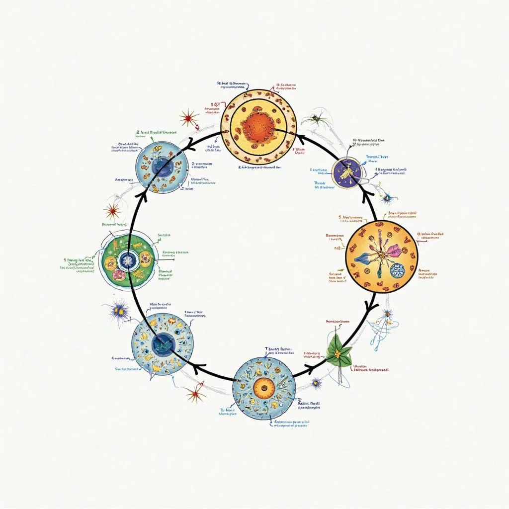 A diagram showing all phases of the cell cycle (interface : G0 , G1, S, G2; Mitosis: prophase , metaphase, Anaphase, Telophase , Cytokinesis).  