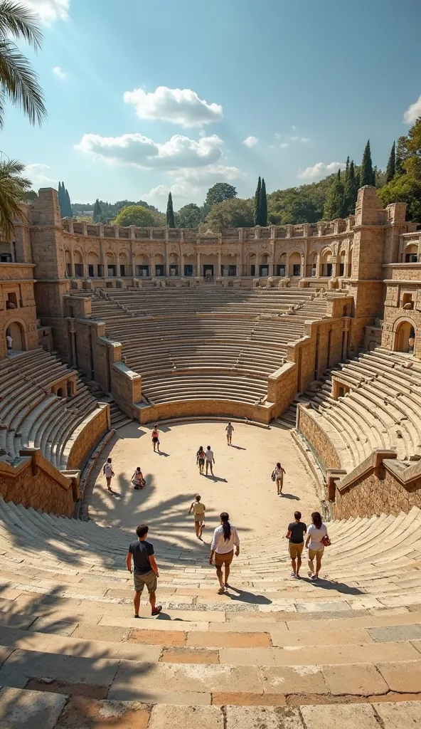 Hgraphic elements, Dynamic Light, Cinematics, HDR, UHD, professional PHOTOGRAPH OF:”
  Ancient Roman Theater
"Create an evocative scene of the ancient Roman Theater in Alexandria, capturing the well-preserved stone seats and the grandeur of the surrounding...