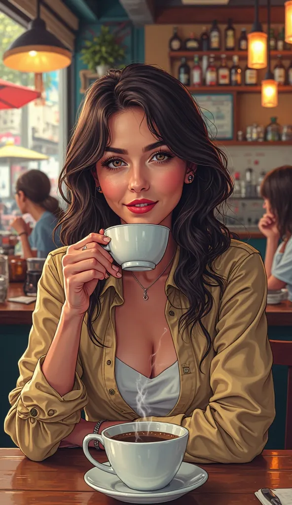 DISCREET image. with discreet casual clothes. image adult woman, american, comic book style. with a discreet smile. IMAGES WITH VIBRANT COLORS. Drinking coffee in a café.