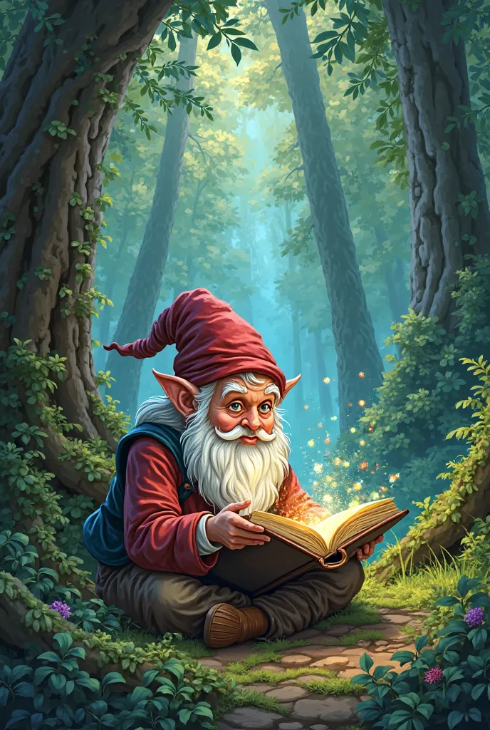 A gnome sitting in the forest , with an open book in his hands, a luminous magic coming out of it ,reflecting bright colors ,Vomic art style J Scott Campbell