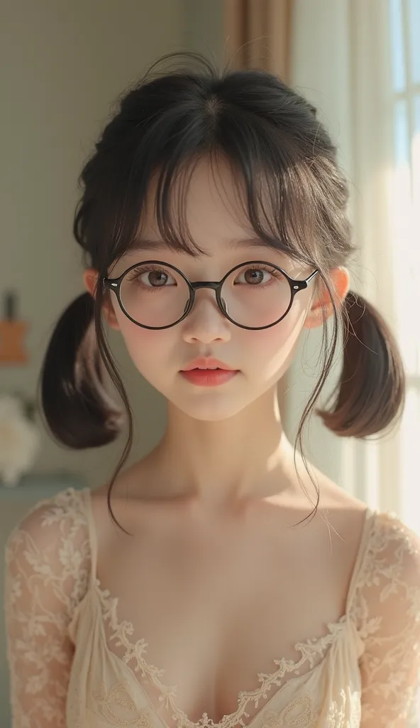   live action，Full body，small round glasses with black frame，Very Lolita，Feminine，20 years old，Twin Tails，Very petite， slightly ornate ，Very small face， very baby face，very young face ，Very raccoon face，round face，Light-pigmented white skin ，Very fair，Heal...