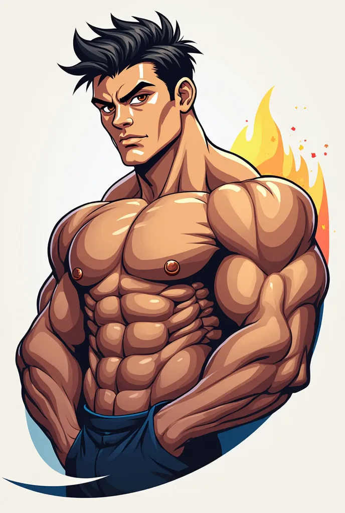 A logo for a supplement store with a male avatar with black hair, white skin, dark brown eyes, Toon Force , style with good muscle definition and with the no