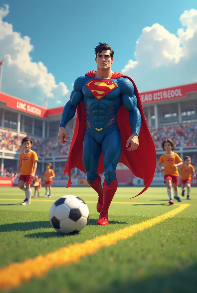 Superman playing soccer in a school with ren