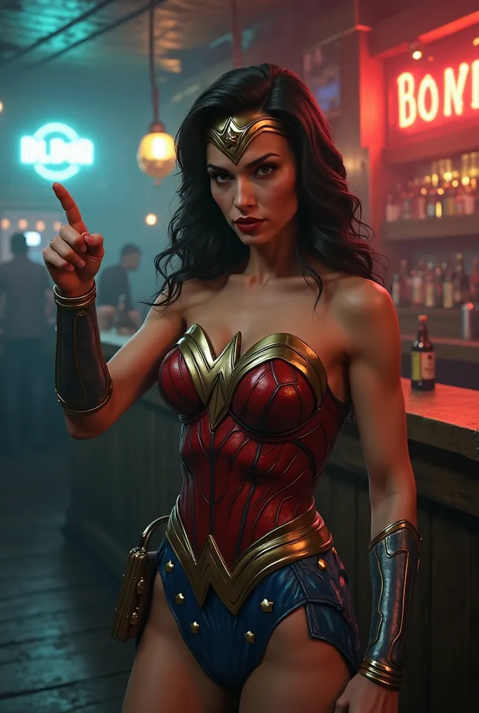 (photorealism:1.2), Wonder Woman with an angry expression pointing her finger inside the bar 

