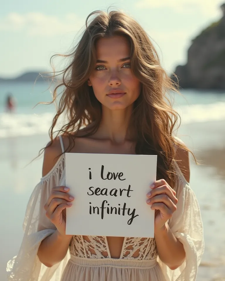 Beautiful girl with long wavy hair, bohemian dress, holding a white board with text " I Love Seaart Infinity " and showing it to the spectator