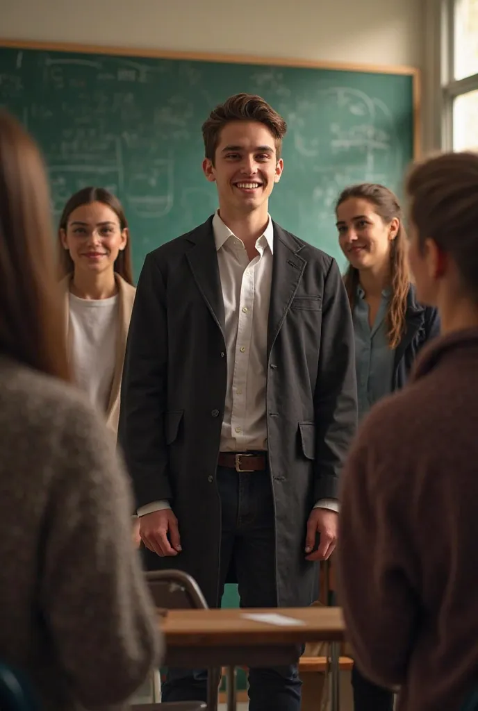 Young man is in a classroom and is congratulated by his graduate and for his good communication with his work group