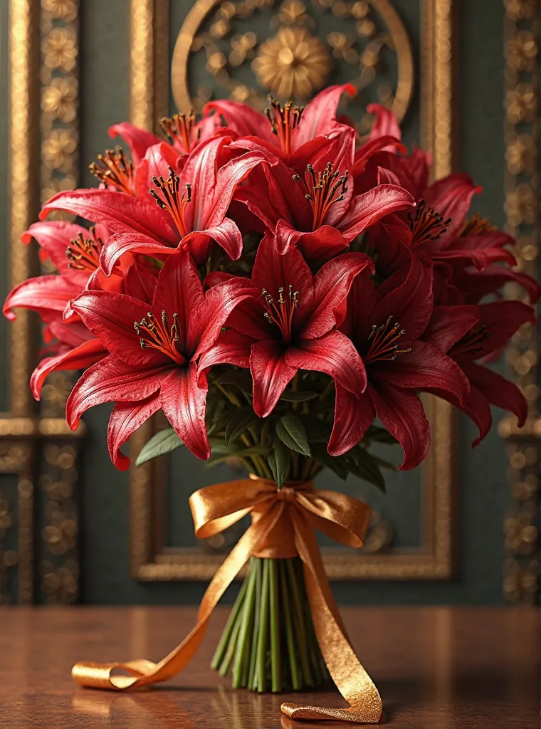 A BOUQUET OF RED LILIES WITH A GOLD RIBBON FORMING A BOW, Realistic image, BACKGROUND WITH GOLD DETAILS