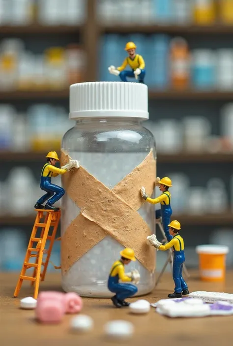 "A team of tiny workers in a pharmacy repairing a broken medicine bottle using a giant adhesive bandage. Some figures are climbing ladders, while others are holding the bandage in place. The scene is detailed, with pill strips and medical supplies around."