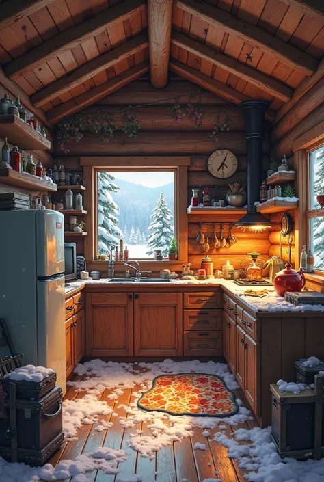 create the interior of the cabin with a refrigerator,  a kitchen , a chimney, a sofa, a television and a small window that allows you to see the snowy landscape