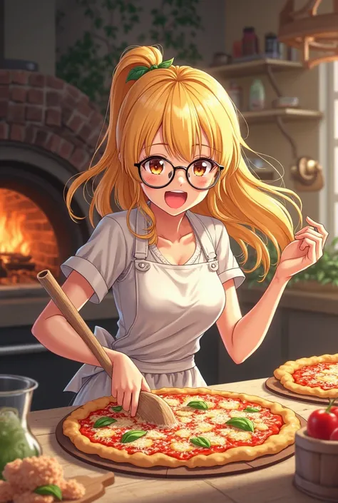 Blonde lady with anime-style glasses making pizzas with a wooden shovel 