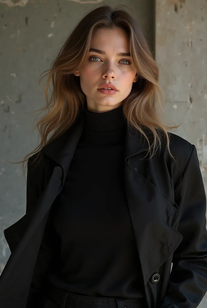 A woman aged 25 with brown blonde long hair, grey eyes, wearing a black turtle neck sweater under a black trench coat