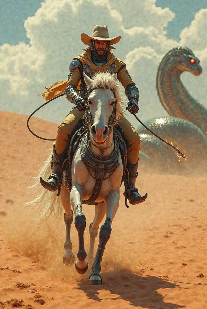 "Amidst a vast, sun-scorched desert, a robotic cowboy gallops forward atop his equally mechanical steed. The horse's metallic hooves kick up clouds of sand as gears whir and pistons hiss with every stride. In the distance, a colossal serpent looms, its shi...