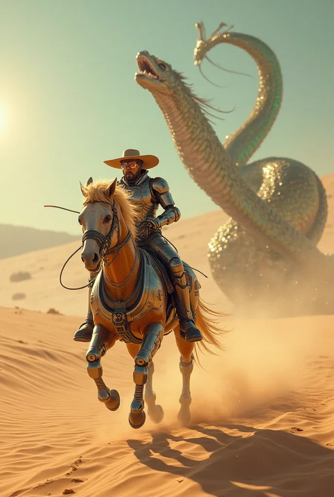 "Amidst a vast, sun-scorched desert, a robotic cowboy gallops forward atop his equally mechanical steed. The horse's metallic hooves kick up clouds of sand as gears whir and pistons hiss with every stride. In the distance, a colossal serpent looms, its shi...