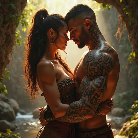 Create a realistic image of a female warrior making love to a warrior who has a tattoo that says FRT