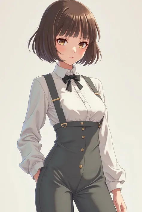 Femboy anime style with white button down dress shirt with bow tie with a gray jumpsuit with short brown hair