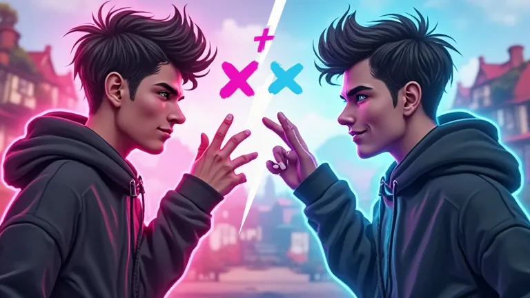 two young people in a vibrant confrontation design, with a big "vs"  in the center, highlighting a dispute between them. The background seems to be a game, possibly Free Fire, with houses and a stylized rural setting.

The young man on the left has a more ...