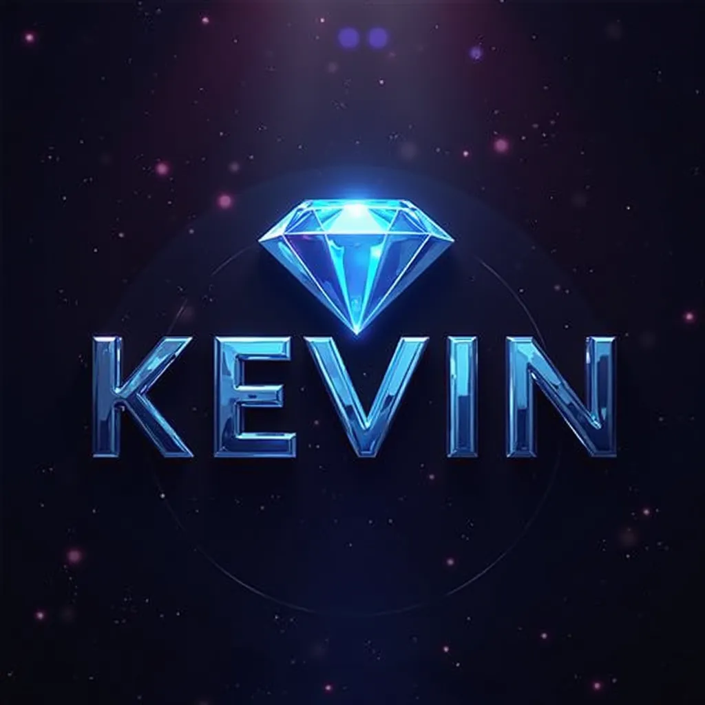 The letters Kevin. with a blue diamond on top, With black and purple background  