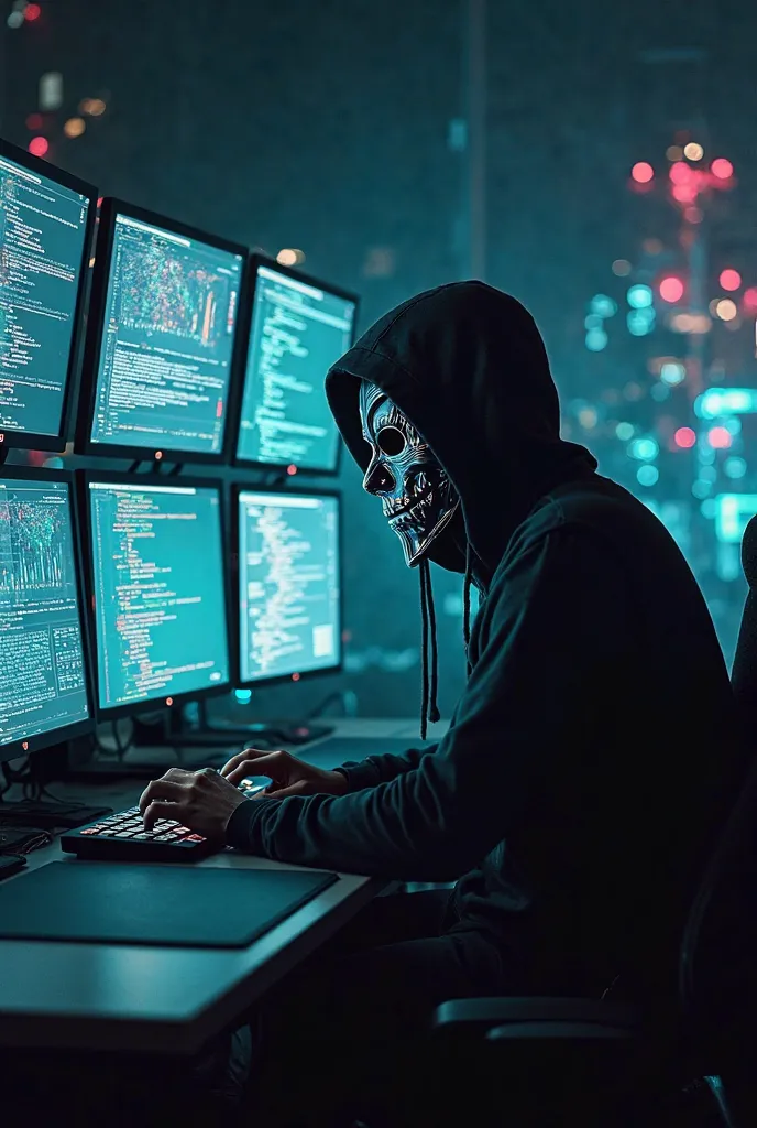 A picture of a hacker wearing a Mukhiv mask sitting on a 3-screen computer