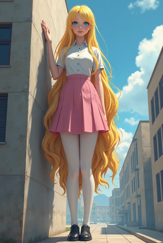 2d, masterpiece, best quality, highly detailed, 1 giant girl, giant solo, Lilian Hale from the cartoon WITCH giant, blue eyes, extremely long golden blonde hair to the ankles, long golden blonde hair to the ankles, (big boobs: 4) big E cup boobs, field, (l...