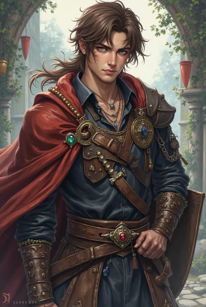  an anime character with the following characteristics:
 1. Mens
2. An adventurous warrior, high , strong,  with brown hair , sky blue eyes and a scar on the eye , An expression would be and cold and somewhat old 
3. Medieval adventurer's clothing with bro...