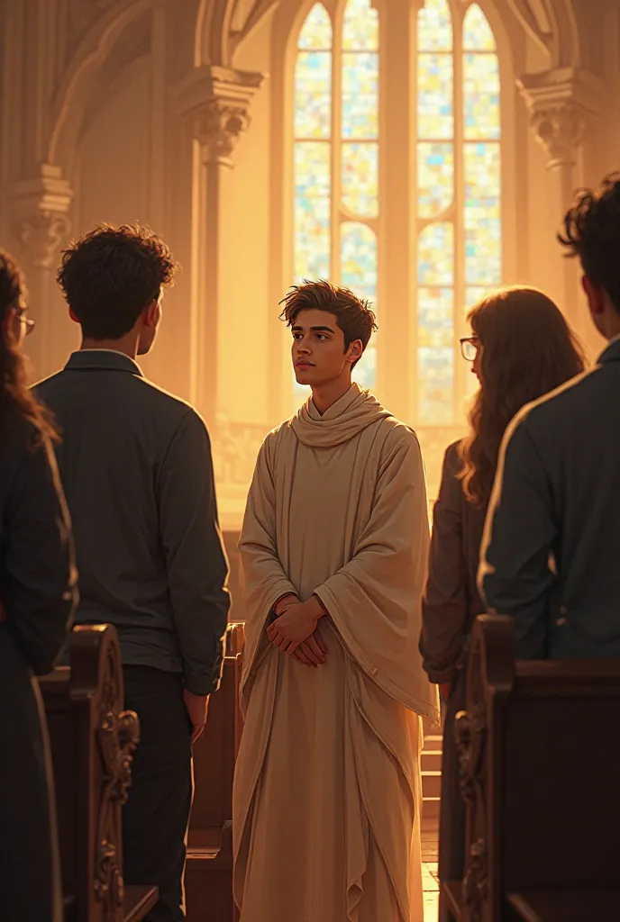 A young man in the company of his friends who listens to the priest silently without judging in the church 