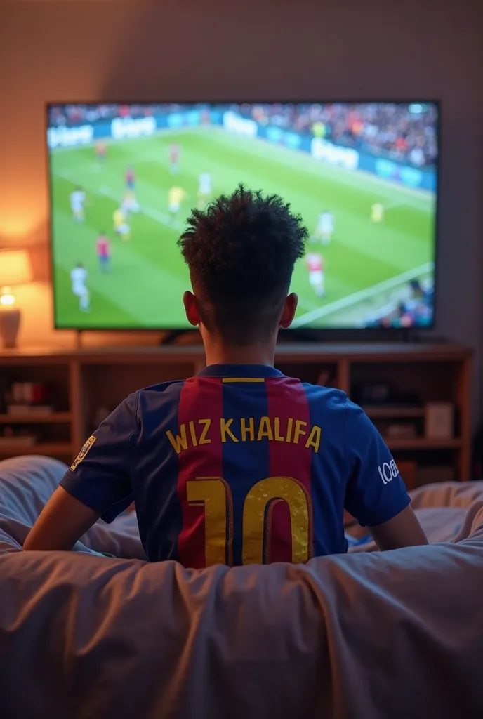 A  wearing a Barcelona jersey with his name Wiz Khalifa watching a soccer match on television, ambiance chaleureuse