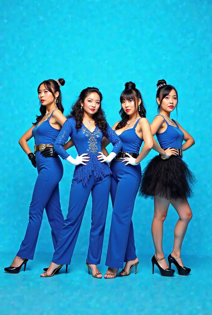 A group of four asian performers woman poses confidently against a bright blue background. They are dressed in vibrant blue outfits featuring shiny materials and accessories, including belts and gloves. The central figure stands in an assertive pose, weari...