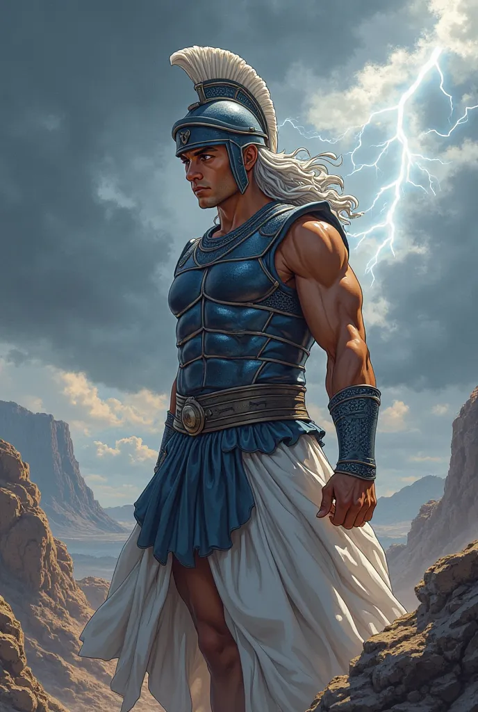 Create an anime image of a young man with brown, brown skin and large wavy shiny gray hair, wearing dark blue Spartan armor, a Greek helmet , Greek white skirt, they're standing on a rock pile , he's standing looking to the left, His serious face ,battlefi...