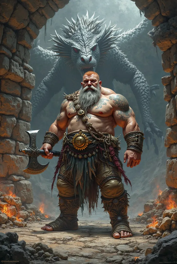 dwarf, barbarian, Short red hair , with a long silver-colored beard, bellied body with tribal tattoos, with a large battle axe. Dungeons and Dragons style and Dragon Cave