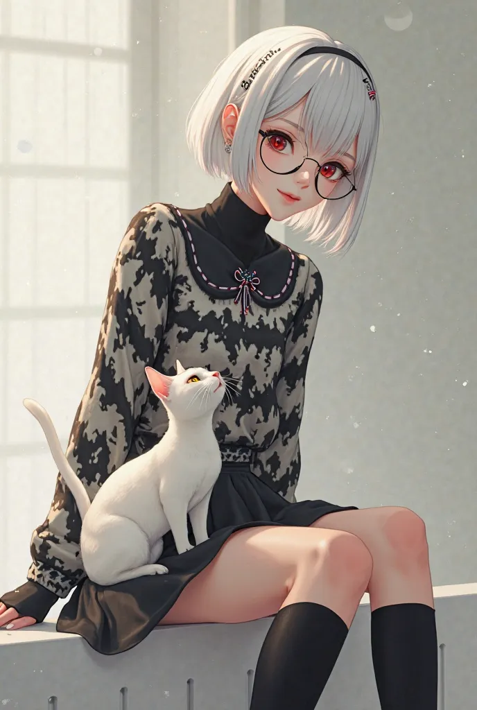 Short hair white glasses up black the white skin cat sweater with a bow and a skirt with black socks women's