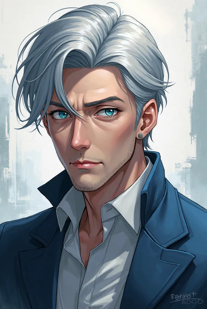  Medium gray haired man blue eyes anime style jacket