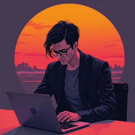 Digital artistic illustration of a young professional man with black-rimmed lenses and dark straight hair, sitting in front of a laptop writing or creating. The style should be minimalist but elegant with vibrant sunset colors ( orange, red and purple ) fo...