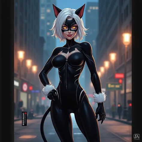 Here’s a detailed prompt based on your request:

"A highly detailed 3D-style scene of Black Cat (Felicia Hardy) with white hair, standing in the middle of a city street at night. She has a wicked, malevolent smile on her face, her expression filled with co...